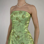 Abito da sera verde in raso senza spalline con perline, linea a trapezio, modello Y8412