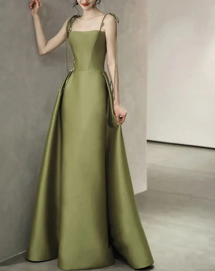 Spaghetti Straps Satin Prom Dress A-line Simple Floor Length Evening Gown Y7011