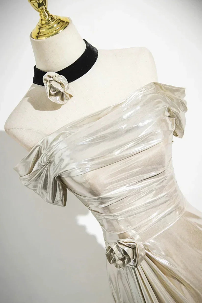 Vestido de Festa de Cetim com Ombros Descobertos e Brilho Encantador, Modelo Sereia Y8202