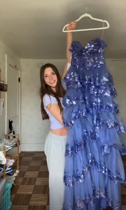 Abito da sera formale a strati con paillettes di tulle blu scintillante e spacco, abito da ballo Y7961