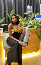 Vestido longo de noite preto descaído com flores, modelo sereia, Y8476