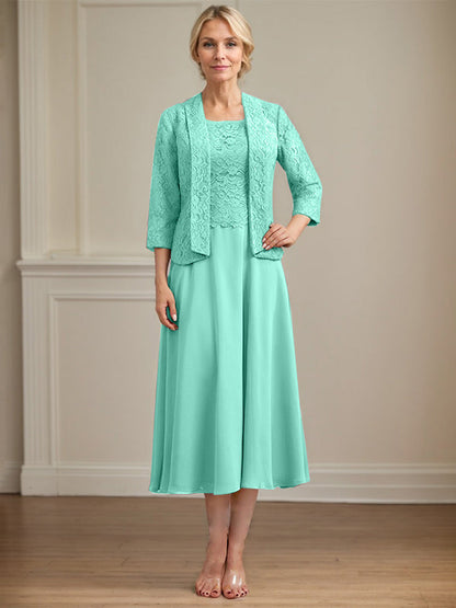 A-Linie U-Ausschnitt Wadenlang Chiffon-Kleid für die Brautmutter 