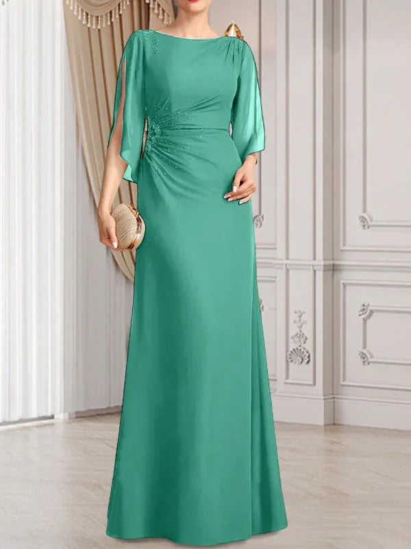 Vestido de madrina de novia de gasa largo hasta el suelo con corte columna y fajín plisado con cuentas