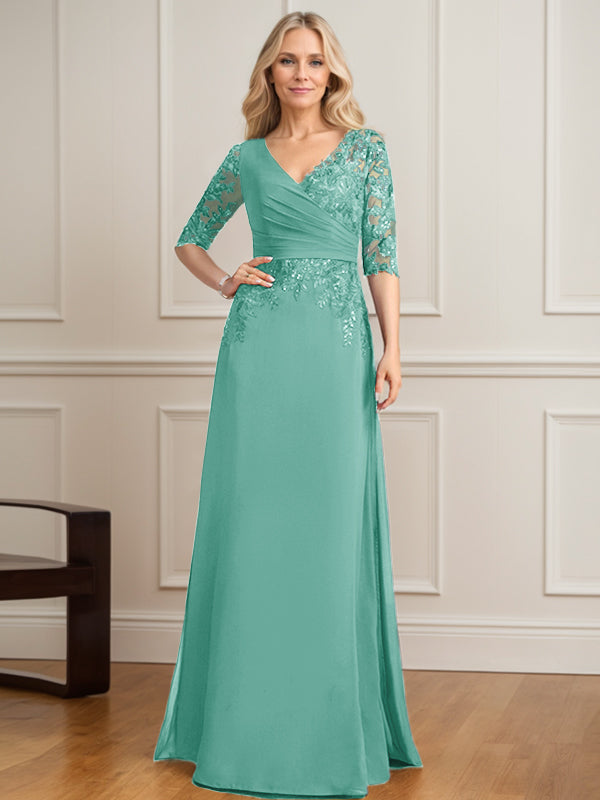 A-Linie, V-Ausschnitt, bodenlanges Spitzen-Chiffon-Kleid für die Brautmutter mit plissierten Pailletten 