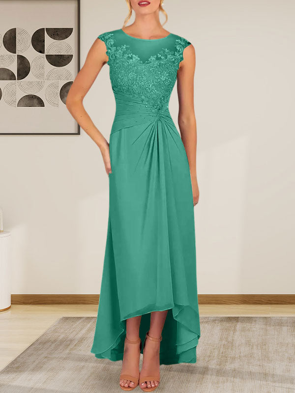 Champagne A-Line Scoop Lace Chiffon Dress