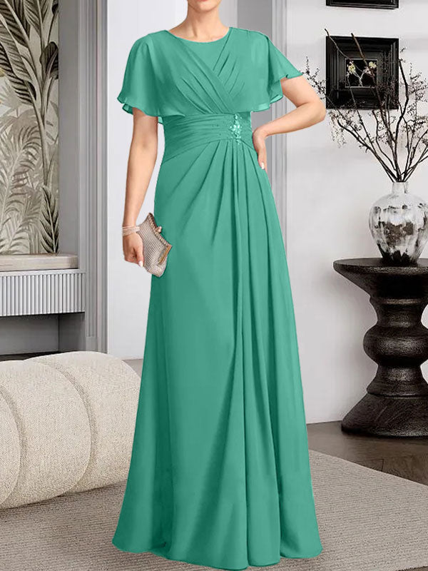 Robe de mère de la mariée en mousseline, longueur au sol, en ligne A, décolleté arrondi, ornée de perles plissées