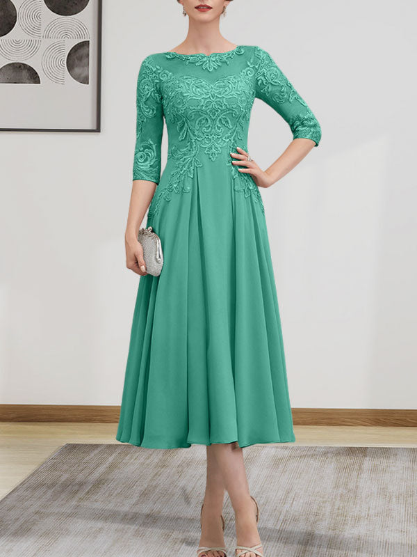 A-Linie, U-Ausschnitt, Illusion, knielang, Chiffon, Spitze, Kleid für die Brautmutter mit Perlen und Pailletten