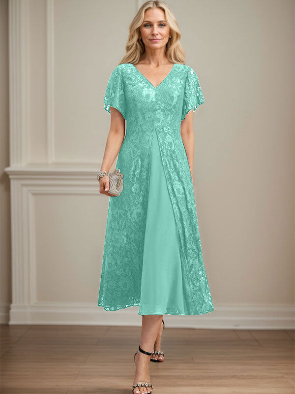 A-Linie V-Ausschnitt Wadenlanges Chiffon-Kleid für die Brautmutter 