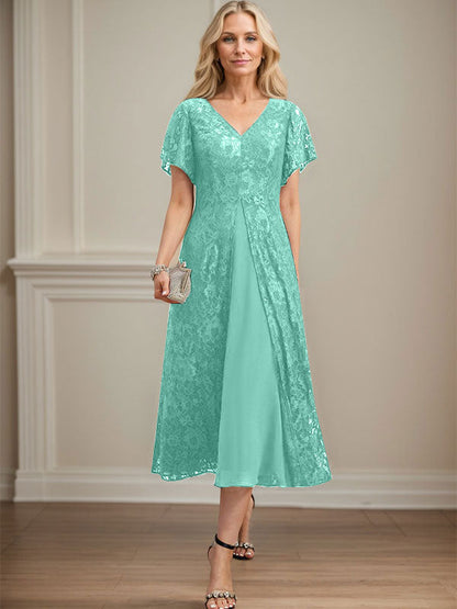 A-Linie V-Ausschnitt Wadenlanges Chiffon-Kleid für die Brautmutter 