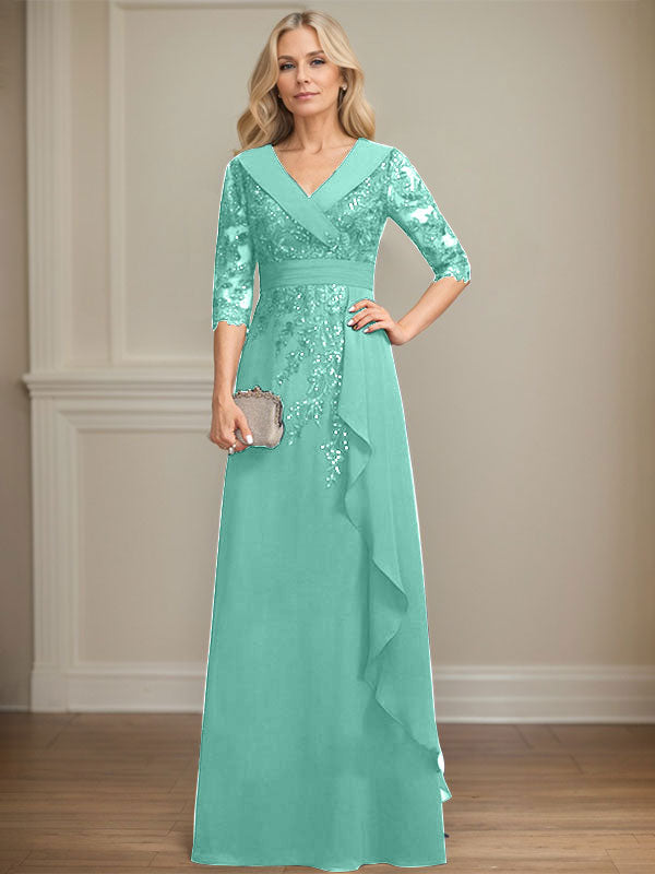 Robe de mère de la mariée en mousseline de soie à col en V, longueur au sol, ligne A, avec dentelle, paillettes et volants en cascade
