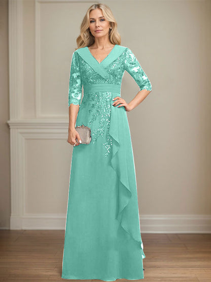 Vestido de madre de la novia de gasa con encaje, escote en V, corte A y largo hasta el suelo, con lentejuelas y volantes en cascada 