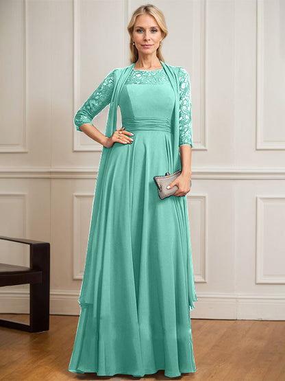 A-Linie U-Ausschnitt Illusion Bodenlang Spitze Chiffon Mutter der Braut Kleid Mit Plissee 