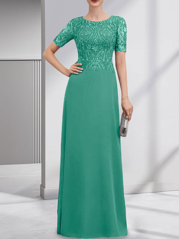 A-Linie U-Ausschnitt Bodenlang Spitzen-Chiffon-Kleid für die Brautmutter mit Pailletten