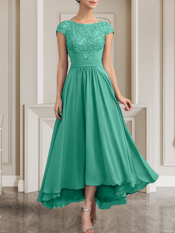 A-Linie U-Ausschnitt Bodenlang Spitzen-Chiffon-Kleid für die Brautmutter mit Pailletten