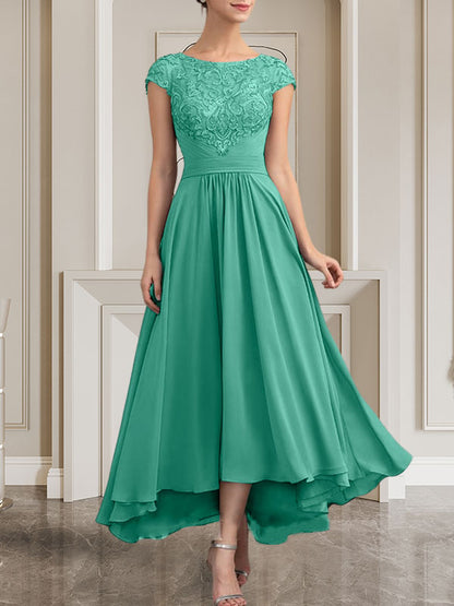 A-Linie U-Ausschnitt Bodenlang Spitzen-Chiffon-Kleid für die Brautmutter mit Pailletten