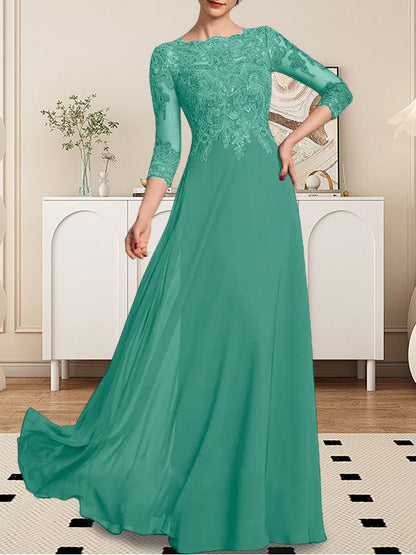 A-Linie U-Ausschnitt Bodenlang Spitzen-Chiffon-Kleid für die Brautmutter mit Pailletten