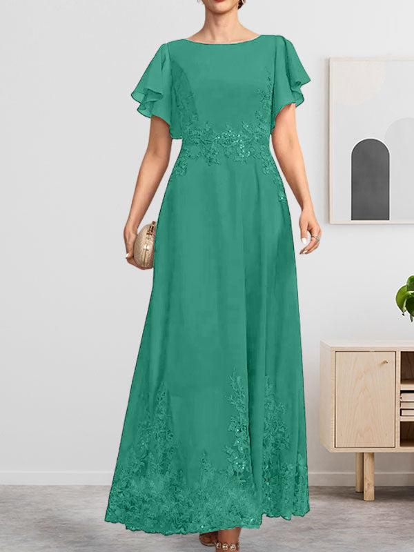 Robe de mère de la mariée en mousseline de soie à dentelle, longueur cheville, en forme trapèze avec décolleté arrondi et paillettes