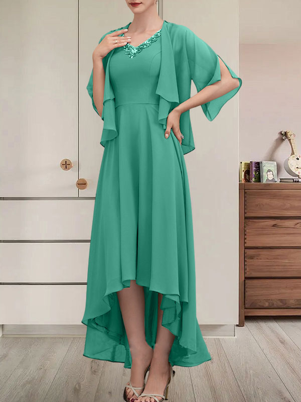 Vestido de gasa asimétrico para madre de la novia con escote en V, corte A y lentejuelas con abalorios