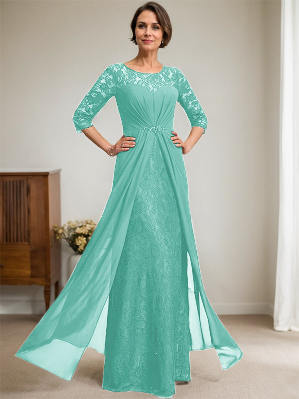 A-Linie U-Ausschnitt Illusion Bodenlang Spitzen Chiffon Mutter der Braut Kleid mit Perlenbesatz Rüschen 