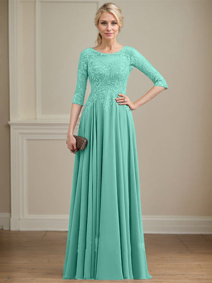 A-Linie, U-Ausschnitt, Illusion, bodenlanges Spitzen-Chiffon-Kleid für die Brautmutter mit Pailletten 