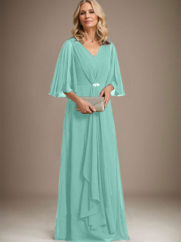 A-line V-Neck Floor-Length Chiffon Mother of the Bride Dress With Cascading Ruffles Crystal Brooch
