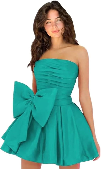 Vestidos de fiesta cortos y elegantes de corte A, sin mangas, sin tirantes, fruncidos, con cordones y lazo