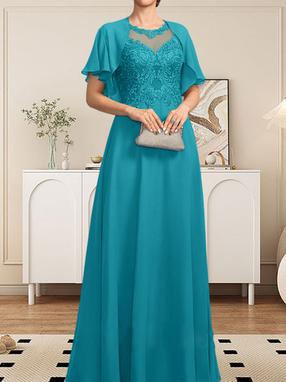 A-Linie, U-Ausschnitt, Illusion, bodenlanges Spitzen-Chiffon-Kleid für die Brautmutter mit Pailletten