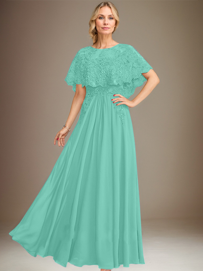Vestido de madre de la novia de gasa con encaje, escote barco, largo hasta el suelo, con apliques de lentejuelas 