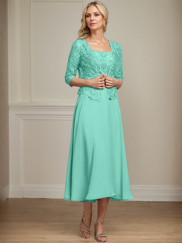 A-Linie Quadratisches Wadenlanges Chiffon-Spitzenkleid für die Brautmutter mit Pailletten und Perlen 