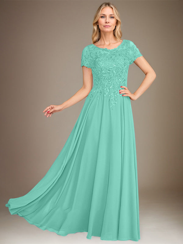 Robe de mère de la mariée en mousseline, longueur au sol, coupe en A, décolleté arrondi, ornée d'appliques et de paillettes