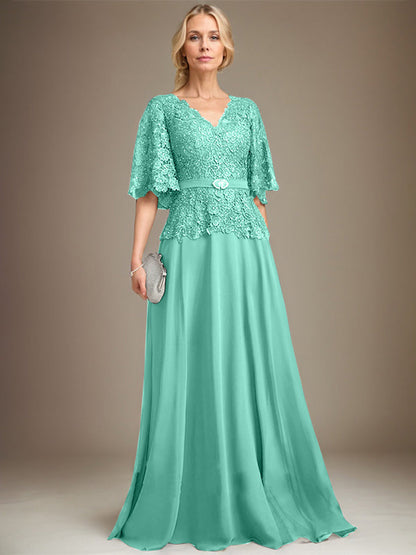 A-Linie V-Ausschnitt Bodenlang Chiffon Spitze Mutter der Braut Kleid Mit Kristall Brosche Strass 