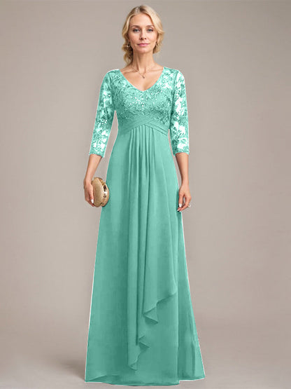 Vestido de madre de la novia de gasa con encaje, escote en V, largo hasta el suelo, con volantes en cascada y lentejuelas 