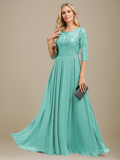 A-Linie U-Ausschnitt Bodenlang Spitzen-Chiffon-Kleid für die Brautmutter mit Paillettenapplikation 