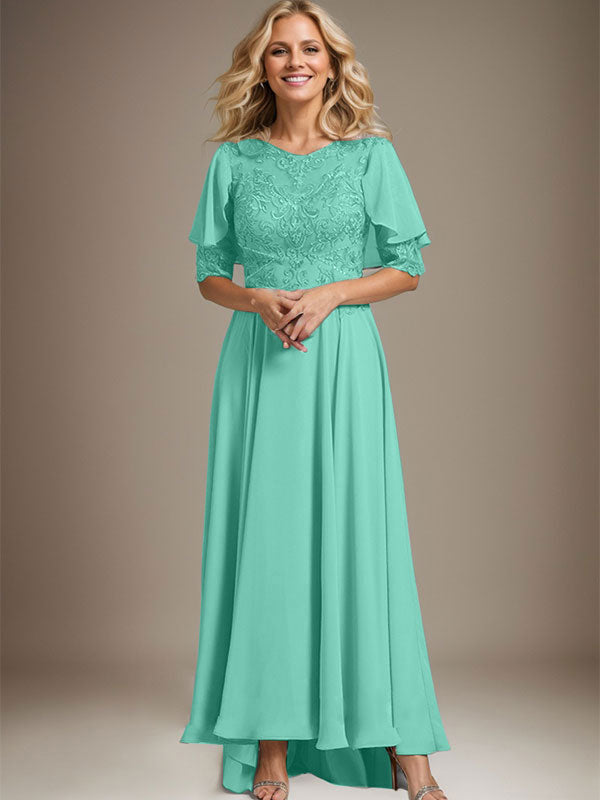 Robe de mère de la mariée en mousseline et dentelle asymétrique à encolure dégagée en ligne A avec perles