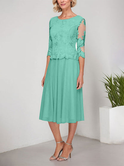 A-Linie U-Ausschnitt Wadenlang Spitzen Chiffon Mutter der Braut Kleid mit Stickerei 