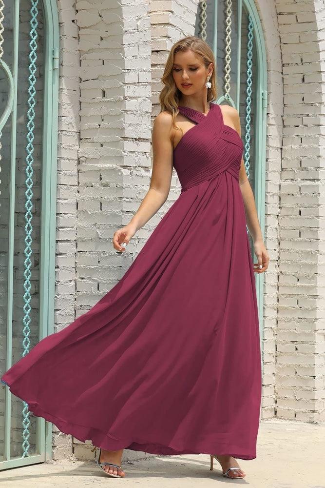 Vestido de Dama de Honra Halter em Chiffon para Mulher, Modelo A-Line, Longo, Formal, para Baile de Finalistas SEA28015