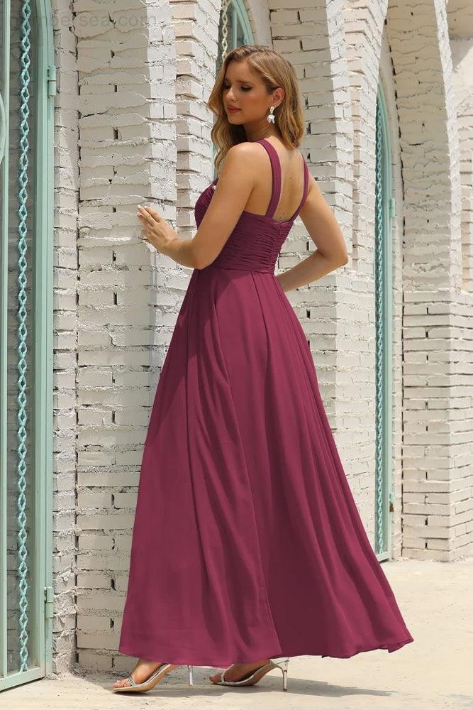 Vestido de Dama de Honra Halter em Chiffon para Mulher, Modelo A-Line, Longo, Formal, para Baile de Finalistas SEA28015