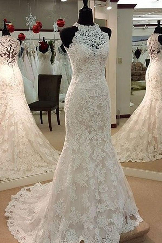 Vestidos de novia sin mangas con apliques de encaje y cuello joya de sirena