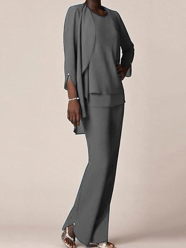 Floor Length Chiffon Pantsuit With V Neck And Ruffles For Mother Of The Bride