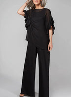 Chiffon Mother of the Bride Pantsuit with Scoop Neck and Half Sleeves