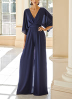 Mother Of The Bride Chiffon Pantsuit V Neck With Pockets