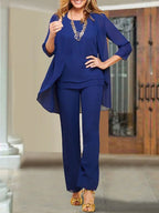 بدلات بنطلون من الشيفون بياقة دائرية لأم العروس