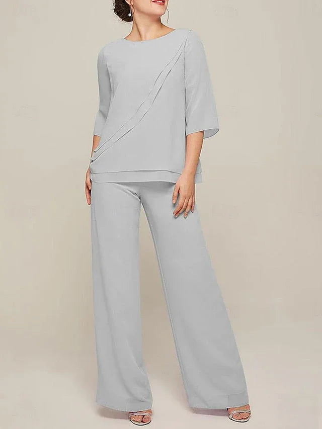 بدلات قفز بأكمام نصف دائرية من الشيفون لأم العروس مع سراويل وتفاصيل كشكش