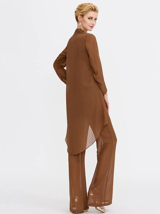 بدلات بنطلون من الشيفون لأم العروس مع سترة