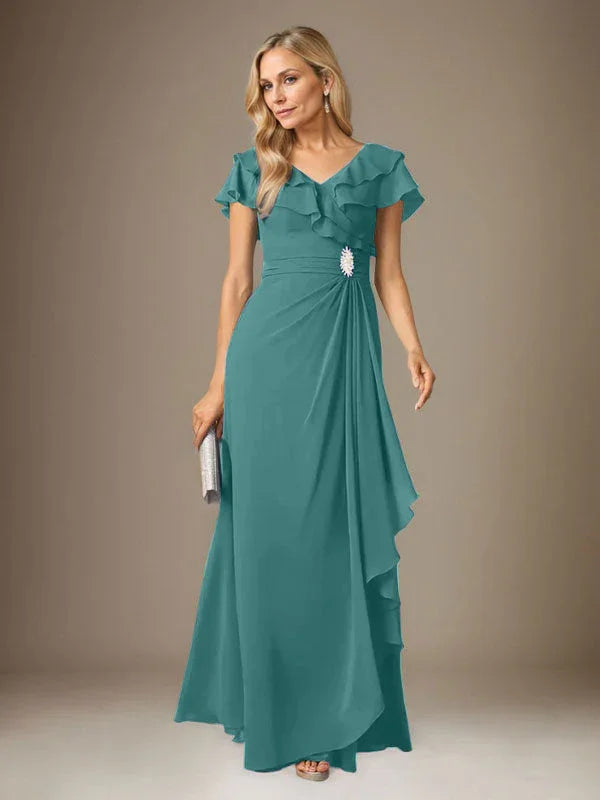 Vestido tormentoso de gasa con escote en V y fruncido en línea A