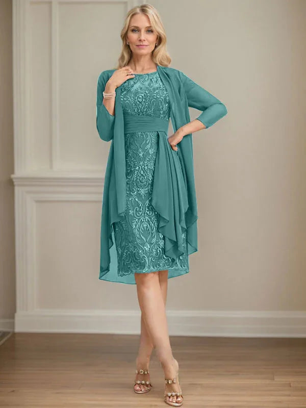 Abito da madre della sposa in pizzo e chiffon con gonna a colonna a effetto illusion fino al ginocchio, con balze a cascata e paillettes