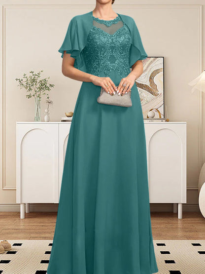 A-Linie, U-Ausschnitt, Illusion, bodenlanges Spitzen-Chiffon-Kleid für die Brautmutter mit Pailletten