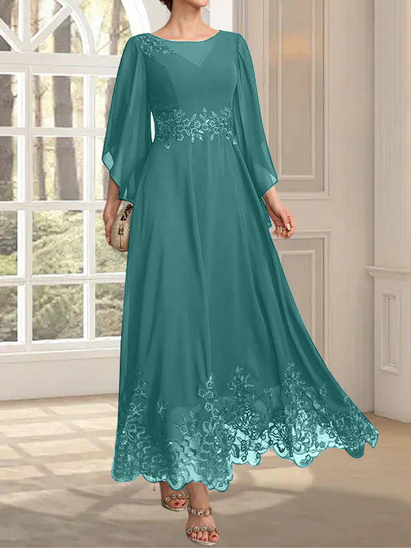 Robe de mère de la mariée en mousseline de soie à dentelle, longueur cheville, illusion décolleté en forme de A, ornée de paillettes