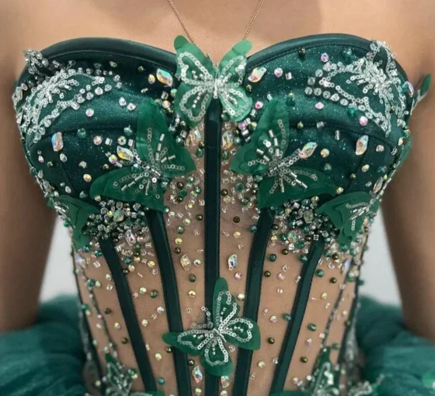 Robe de bal en tulle vert avec papillons, robe de seize ans, robe de quinceañera verte Y2344