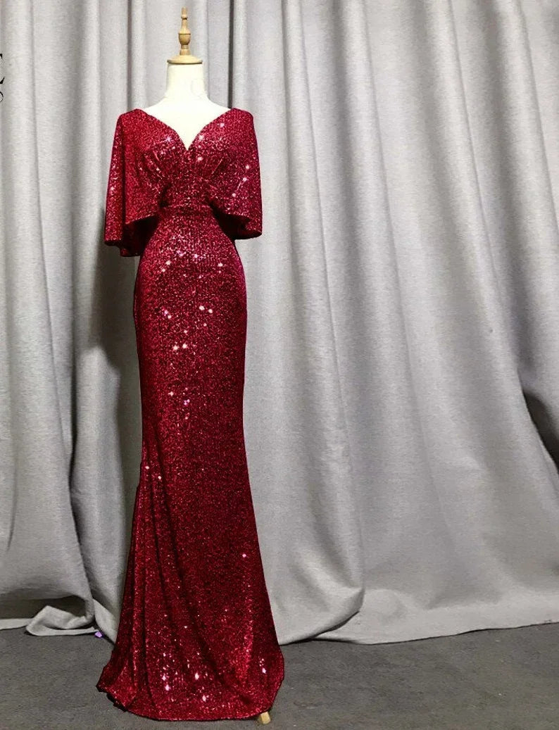 Abito da sera con scollo a V sexy e maniche corte a sirena, elegante abito da festa formale con maniche a pipistrello scintillanti Y1390